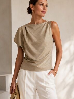 Chiara Boni La Petite Robe Gold Metallic Asymmetric Draped Top Italy Size XL